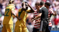 Aussie star Nestory Irankunda (second from left) remonstrates with the referee during the loss to the USA. How he's used in the remaining group stage match against Paraguay could be pivotal to Australia's chances of progressing in the World Cup