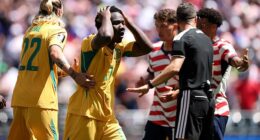Aussie star Nestory Irankunda (second from left) remonstrates with the referee during the loss to the USA. How he's used in the remaining group stage match against Paraguay could be pivotal to Australia's chances of progressing in the World Cup