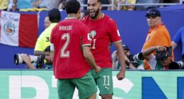Ismael Saibari celebrates his goal against Brazil with Morocco superstar Achraf Hakimi