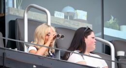 She may be one of the world's biggest stars, but even Sabrina Carpenter needed a helping hand from her binoculars as she sat high in the stands for Ecuador's World Cup victory