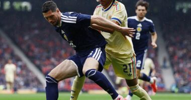 Scott McKenna keeps Curacao's Tahith Chong at bat at Hampden on Saturday
