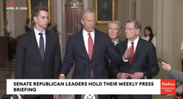 Senate Majority Leader John Thune, R-S.D. speaks at a press conference in April.