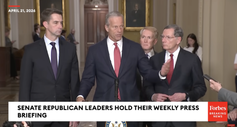 Senate Majority Leader John Thune, R-S.D. speaks at a press conference in April.