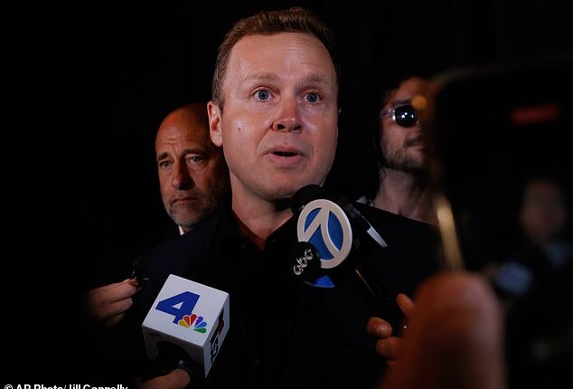 Spencer Pratt, a registered Republican running for Los Angeles mayor addresses the press outside his watch party at a Los Angeles Mexican restaurant Tuesday night