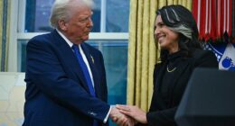 President Donald Trump shakes hands with Tulsi Gabbard after she was sworn in as Director of National Intelligence