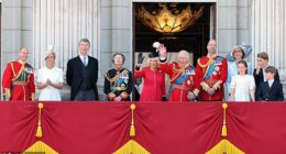 From left to right: Prince Edward, Duke of Edinburgh, Sophie, Duchess of Edinburgh, Vice Admiral Sir Timothy Laurence, Princess Anne, Queen Camilla, King Charles III, Prince William,  Princess Catherine, Princess Charlotte, Prince George and Prince Louis