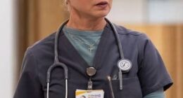 Emmy-winning The Pitt star Katherine LaNasa has declared she was haunted by the ghost of her first ex-husband, Easy Rider icon Dennis Hopper; pictured on the show