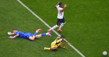 Jordan Pickford was lucky to get away with a tackle on Ghana's Prince Adu