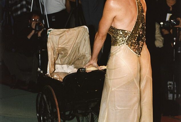 Madonna was wearing a chiffon gown and pushed a baby carriage with a little white dog inside