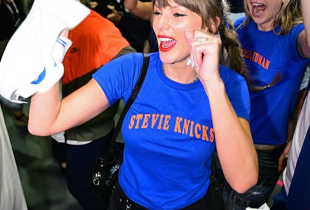 Of course, one of the most famous faces at Madison Square Garden on Wednesday night was Taylor Swift, who sported a cheeky T-shirt in the team's signature blue and orange that read 'Stevie Knicks,' paying homage to her musical idol, Stevie Nicks