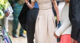 The Princess of Wales leaves the royal wedding of Peter Phillips and Harriet Sperling at All Saints Church on June 6 in Kemble