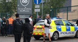 Large crowds of pupils and parents gathered at the scene after three people were injured in a stabbing