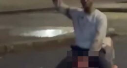 Disturbing footage appeared to show a man attempting to hack into his victim's neck before heroic bystanders, one wielding a hurling stick, hauled him off the victim