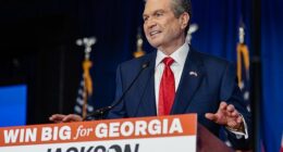 Republican gubernatorial candidate Rick Jackson speaks at an election night party in Atlanta on GOP primary night. He triggered a runoff against Lieutenant Governor Burt Jones, which he won Tuesday night