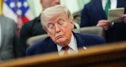 President Trump closes his eyes in the Oval Office on April 18
