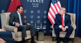 Trump is seen here alongside the Emir of Qatar Sheikh Tamim bin Hamad Al Thani earlier this week