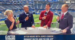 Alexi Lalas, right, stopped the Fox broadcast in its track with a shocking slur at James Corden