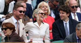 Ex England cricket star Stuart Broad, his wife Mollie King and Radio 1 DJ Greg James share a chat in the Royal Box on Day two