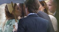 Prince William leans in to kiss Princess Beatrice on the cheek at Peter Phillips and Harriet Sperling's wedding in Kemble yesterday
