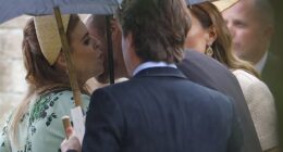 Prince William leans in to kiss Princess Beatrice on the cheek at Peter Phillips and Harriet Sperling's wedding in Kemble yesterday