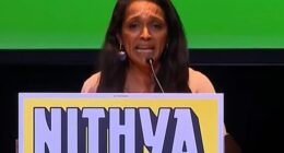 Woke Los Angeles mayoral hopeful Nithya Raman burst into tears as she thanked her family while early results showed she fell into a distant third place in the race