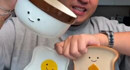 Sydney content creator Adrian Widjonarko got his hands on the novelty mugs, toast-shaped and egg-shaped plates and breakfast bowls. The kitchenware items resemble the world-famous British plush toy brand Jellycat