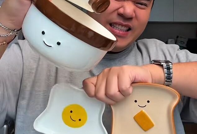 Sydney content creator Adrian Widjonarko got his hands on the novelty mugs, toast-shaped and egg-shaped plates and breakfast bowls. The kitchenware items resemble the world-famous British plush toy brand Jellycat