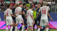 Miguel Almiron (right) clearly had his hand over his face as he clashed with Mert Muldur