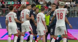 Miguel Almiron (right) clearly had his hand over his face as he clashed with Mert Muldur