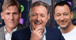 Piers Morgan (centre) threw a jab at Gary Lineker with the tagline 'The Rest is Boring' as he announced his own World Cup podcast with Simon Jordan (left) and John Terry