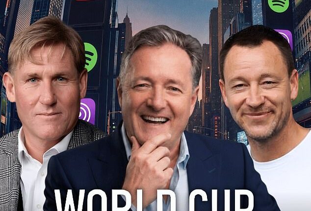Piers Morgan (centre) threw a jab at Gary Lineker with the tagline 'The Rest is Boring' as he announced his own World Cup podcast with Simon Jordan (left) and John Terry