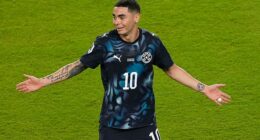 Miguel Almiron was sent off for covering his mouth in an exchange with a rival player