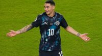 Miguel Almiron was sent off for covering his mouth in an exchange with a rival player