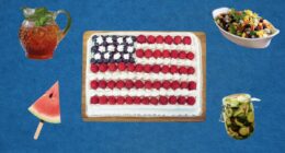 American flag cake, watermelon popscicle, cowboy caviar, and pickles