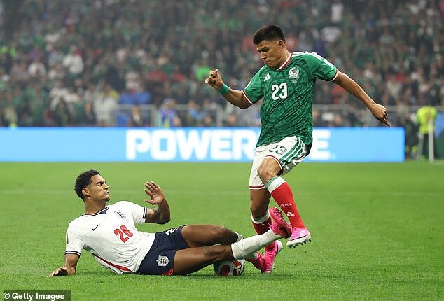 Jarell Quansah was shown a straight red card for this reckless challenge in Mexico Cityy