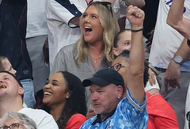 Harry Kane's proud wife Kate led the WAGs celebrating in the stands as England made it through to the next round following a tense game against DR Congo in Atlanta on Wednesday