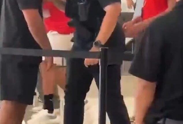 Dramatic footage shows assistant coach Ibrahim Hassan, the twin brother of Egypt boss Hossam Hassan, arguing with officers before appearing to lunge towards them