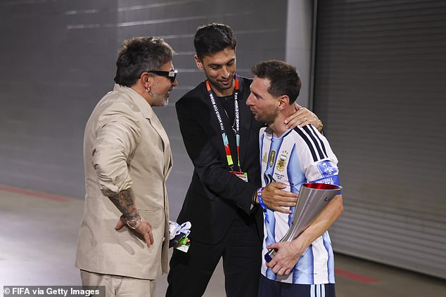 Enzo Fernandez's agent Javier Pastore (centre) with fellow former Argentina player Ezequiel Lavezzi and Lionel Messi
