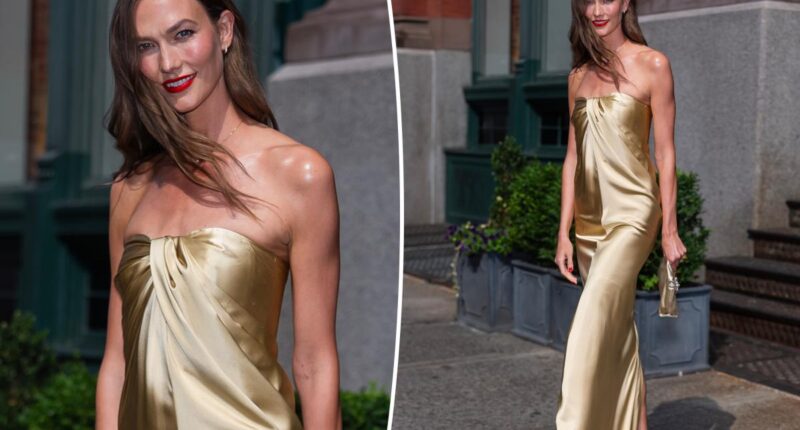 Karlie Kloss glows in gold dress and red lipstick for Taylor Swift, Travis Kelce's wedding