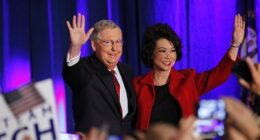 Senator Mitch McConnell waves to supporters with his wife, former United States Secretary of Labor Elaine Chao, at his midterm election night rally in Louisville, Kentucky in November 2014