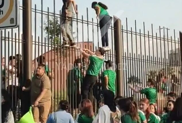 As reported by local journalist Yadith Valdez , many green-clad Mexican soccer fans were seen trying to climb a fence to access the event, which had several giant TV screens for attendees