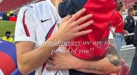 Goalkeeper Matt Turner hugs his son Easton, 4, in the stands after the game in Santa Clara