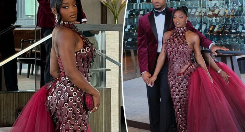 Simone Biles opts for drama in leather, tulle and jeweled gown for Taylor Swift and Travis Kelce wedding