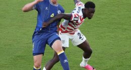 There are more actual fouls committed during the average corner-kick match than there were on Folarin Balogun's challenge against Bosnia and Herzegovina player Tarik Muharemovic (left) in California on July 1