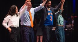 Mayor Zohran Mamdani comes on stage at a rally in support of Congressional candidates Brad Lander, Claire Valdez, and Darializa Avila Chevalier at King's Theater in Brooklyn, New York on June 18, 2026. 'Our Team. Our Year GOTV Rally' with Mayor Zohran Mamdani and Senator Bernie Sanders, in New York, on June 18 2026