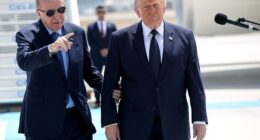 President Donald Trump walks arm-in-arm with Turkish President Recep Tayyip Erdogan, left, upon arriving for the NATO summit in Ankara, Turkey, Tuesday, July 7, 2026
