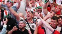 Fans are seen gathered in Wembley yesterday evening to watch England play against DR Congo