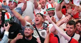Fans are seen gathered in Wembley yesterday evening to watch England play against DR Congo